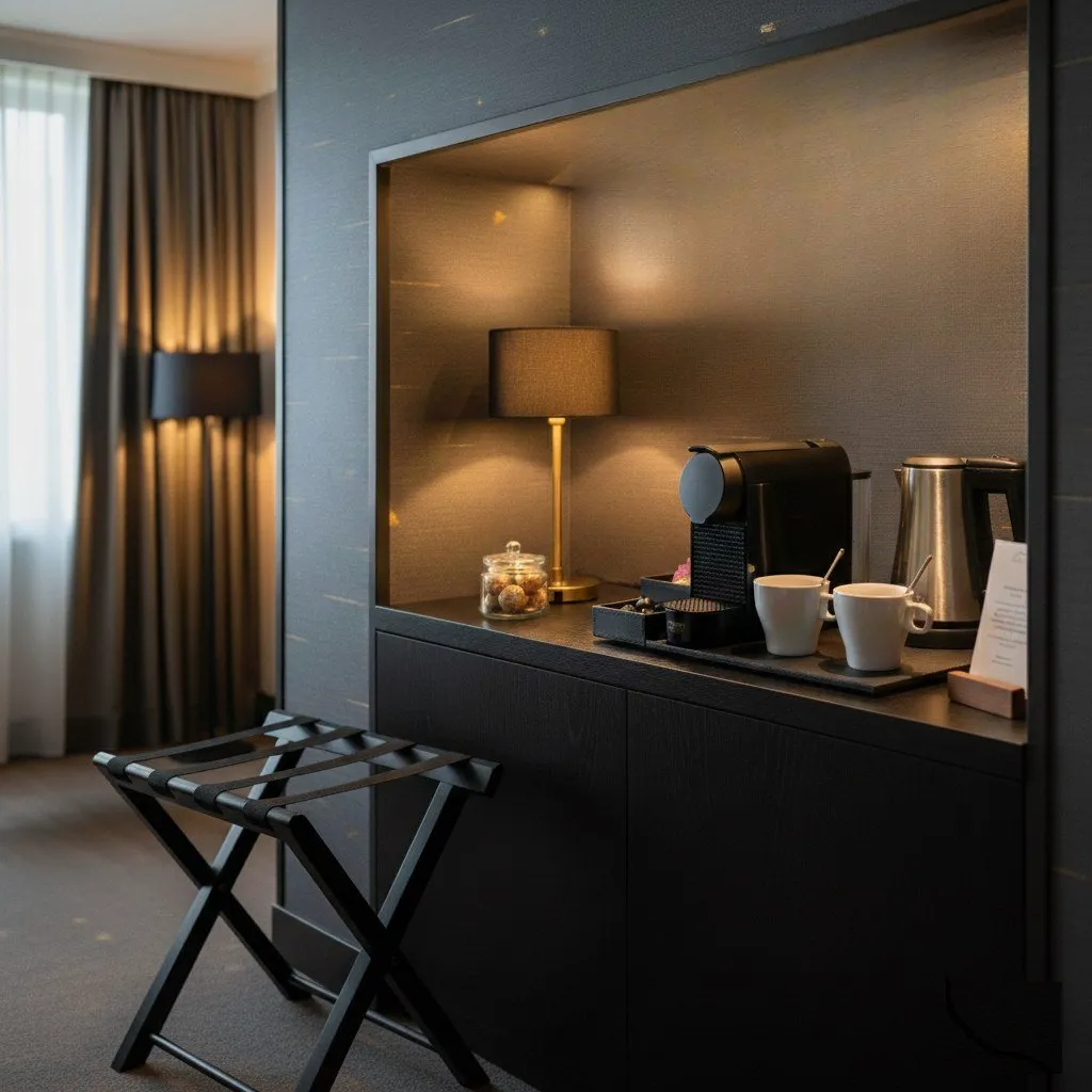 Chambre d’hôtel équipée d’un plateau d’accueil et d’un porte-bagages
