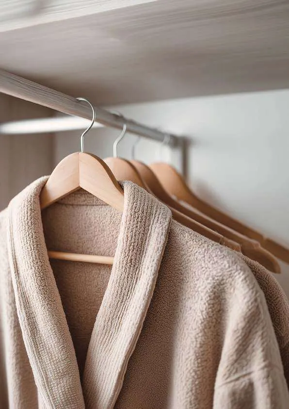 Peignoir et vêtements sur des cintres en bois dans une penderie d’hôtel