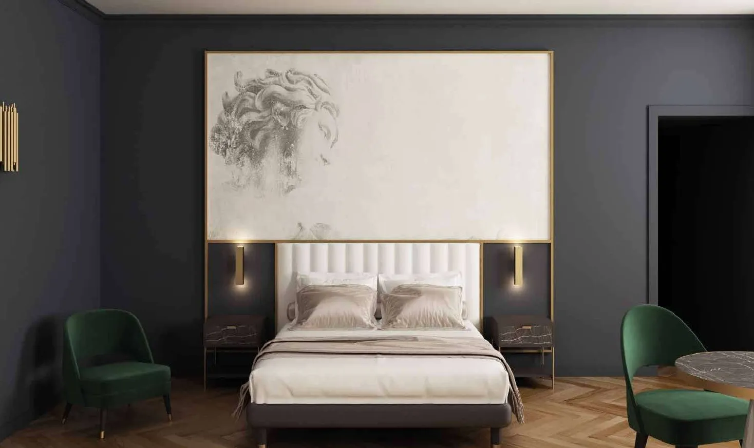 Custom hotel room from the Sophia collection, with buttoned headboard