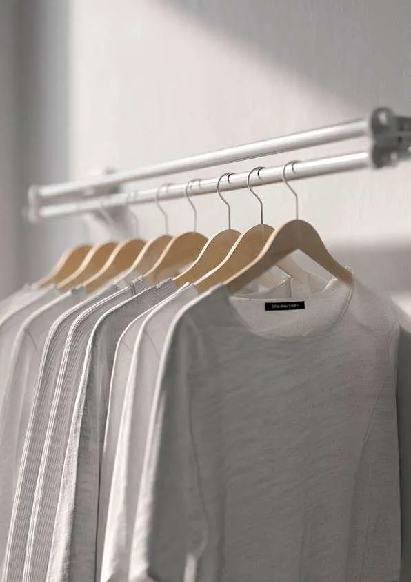 Vêtements suspendus à une tringle dans une penderie claire