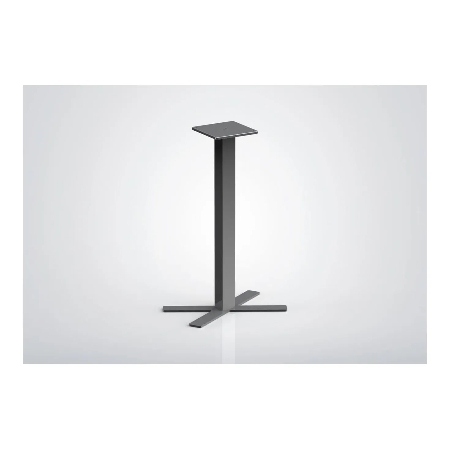 Grey metal table base with a flat cross foot