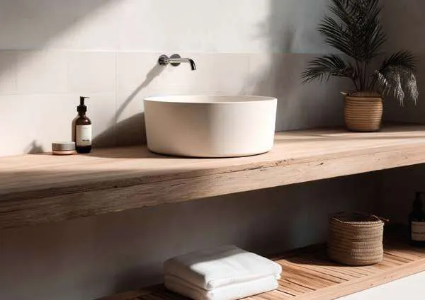 Plan vasque en bois avec vasque blanche et robinetterie murale