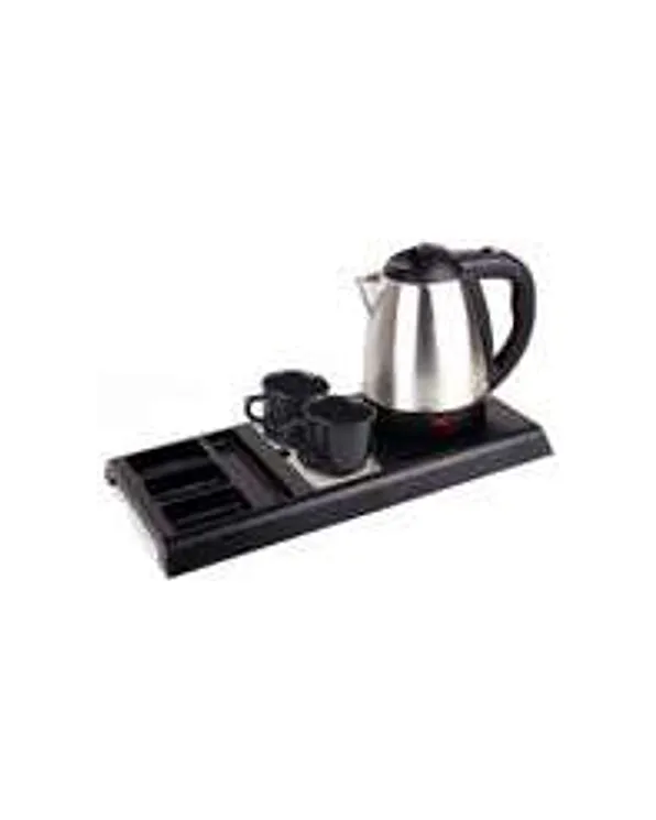 Plateau d’accueil Grimaud en ABS noir avec bouilloire inox et tasses