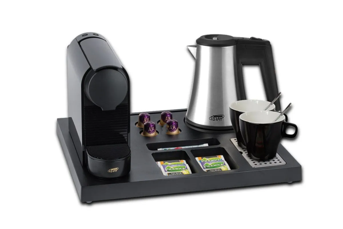 Plateau Carry noir avec machine à café, bouilloire et tasses