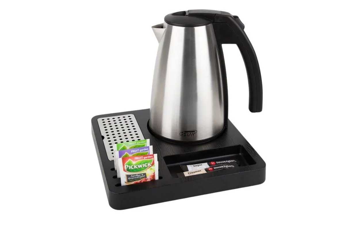 Plateau Goudes noir avec bouilloire inox et sachets de thé