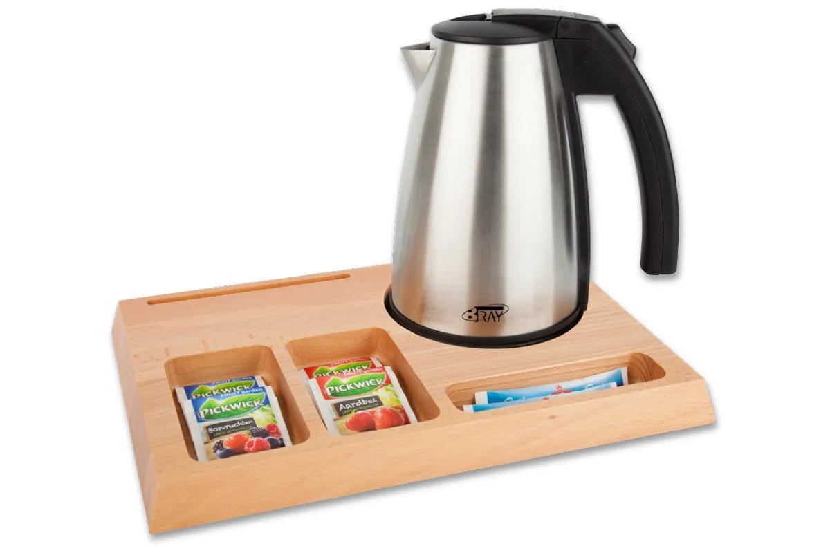 Plateau Niolon en hêtre naturel avec bouilloire inox et sachets de thé