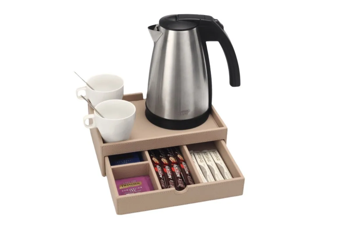 Plateau compact Sausset beige à tiroir avec bouilloire et tasses