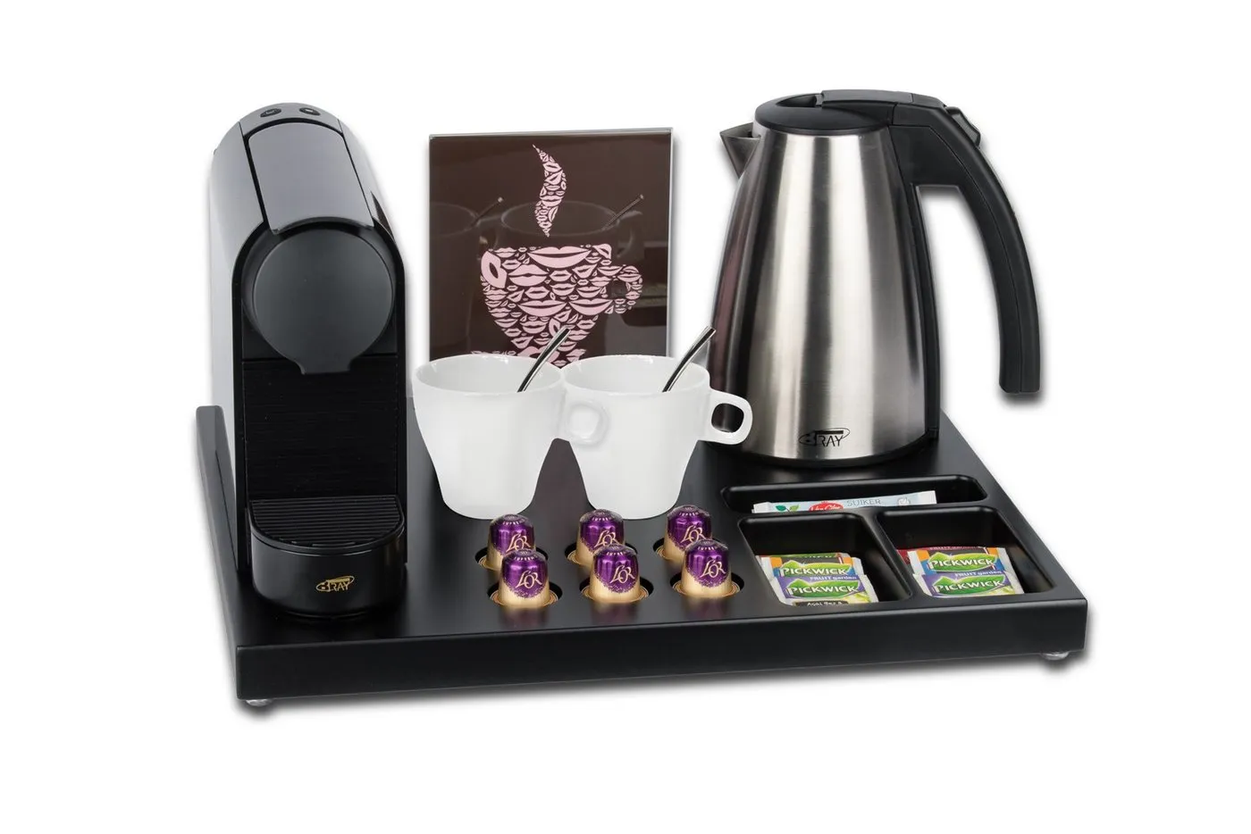 Plateau Sormiou noir avec machine à café, bouilloire, tasses et sachets