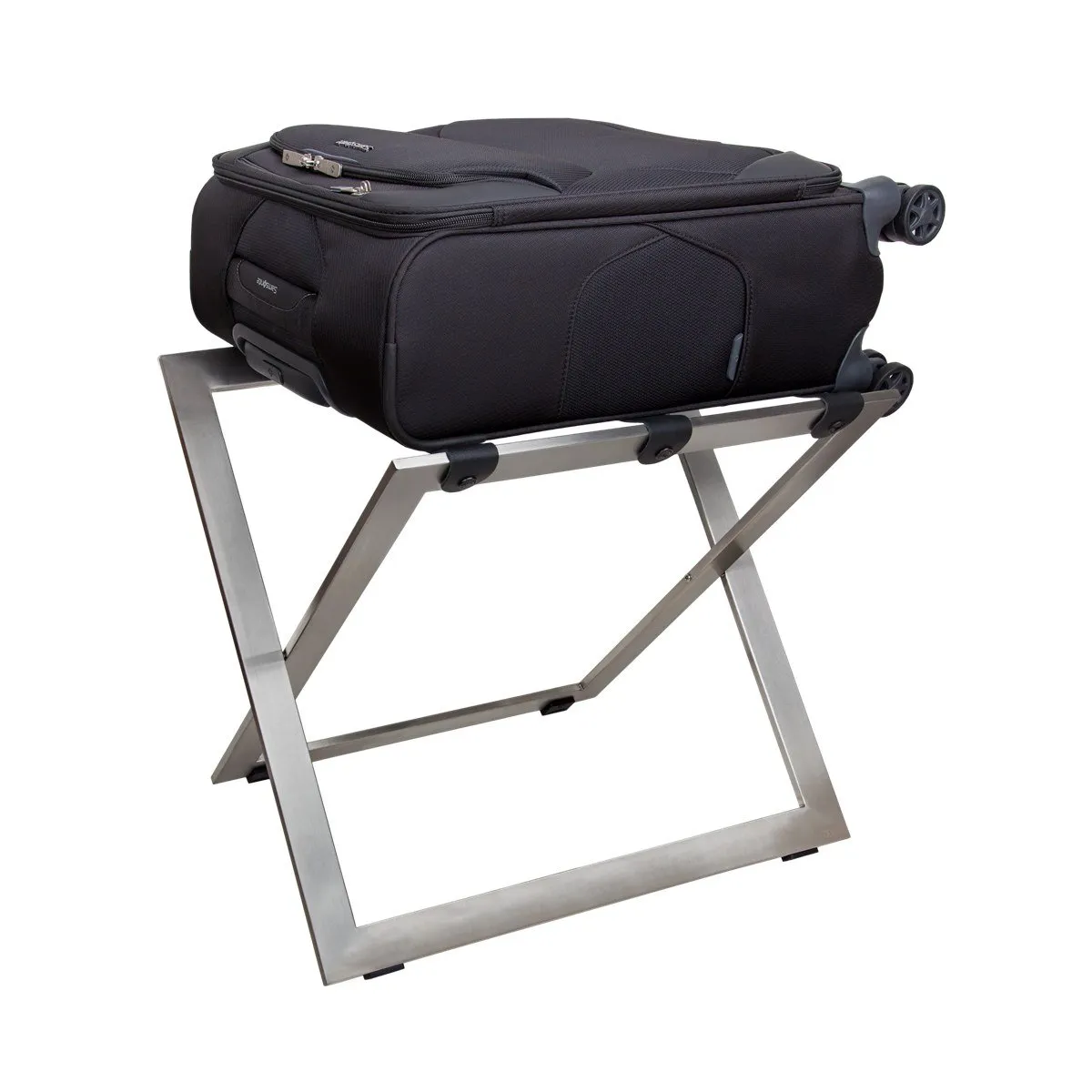 Porte-bagages Pharo en inox brossé portant une valise
