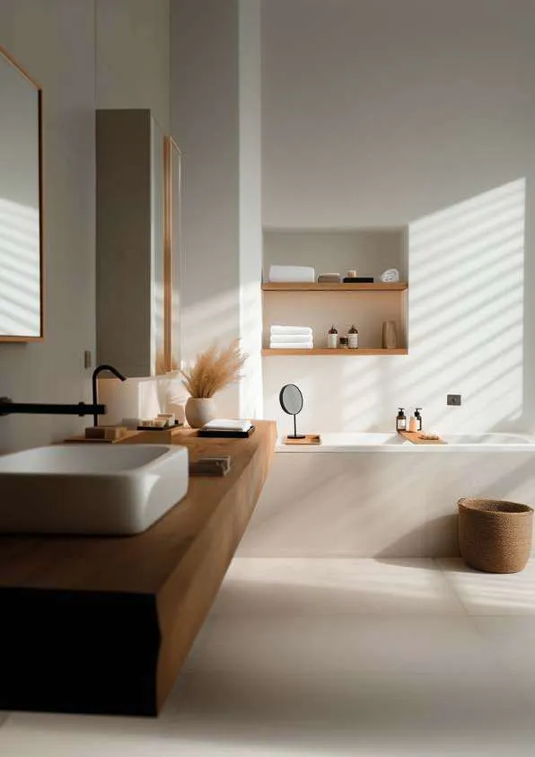 Light bathroom with basin on a wooden top and a wall niche
