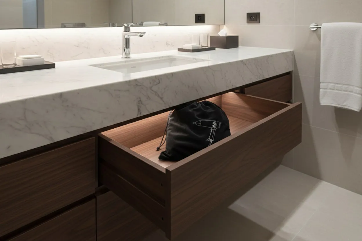 Sèche-cheveux d’hôtel rangé dans un tiroir de salle de bain
