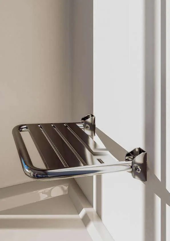 Siège de douche rabattable en inox fixé au mur