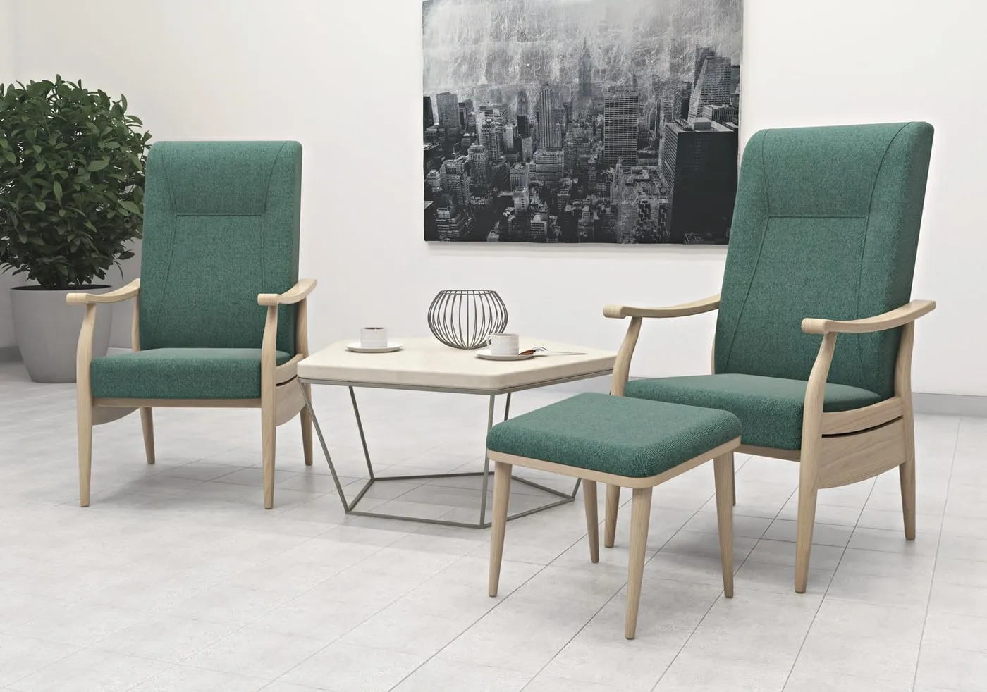 Fauteuils de repos à haut dossier dans un salon de résidence senior